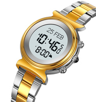Jam tangan doa Muslim Islam untuk wanita, Kompas Qibla otomatis tahan air 33mm tampilan Digital 16mm tali baja tahan karat