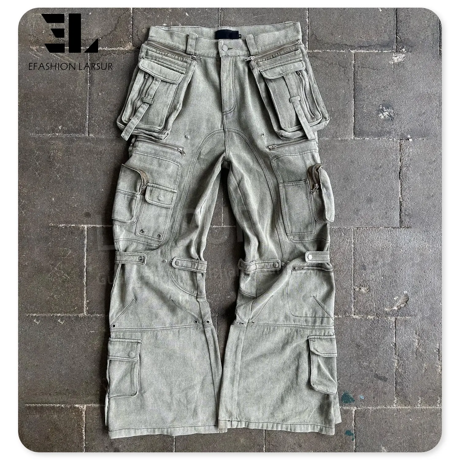 Pantalones vaqueros de carga pesada lavados a la piedra de fábrica personalizados LARSUR para hombre con pantalones vaqueros holgados rectos de carga acampanados con múltiples bolsillos