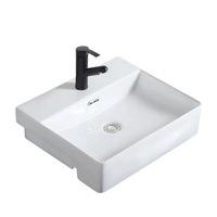 Lavabo en céramique semi-encastré minimaliste moderne avec rebord fin, installation monotrou pour comptoir de salle de bain