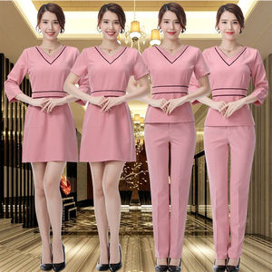 Conjunto de uniforme de spa para mujer, vestido rosa con cuello en V y pantalones para salón de belleza, ropa de trabajo para masajista, mezcla de algodón elástico, tallas S, M, L, XL - Product Image 1