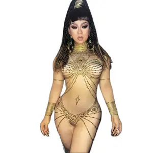 Seksi çıplak streç sıska altın kristal tulum kadın mısır Showgirl dans tek parça tulum gece kulübü balo tulumlar Playsuits