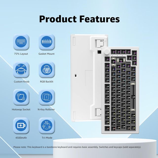 For 5075B ISO Plastic Mechanical Keyboard Kit 2.4GHz/BT5.0/Wired RGB Backlit USB-C Hot-Swap Programmable 4500mAh Battery Laptop