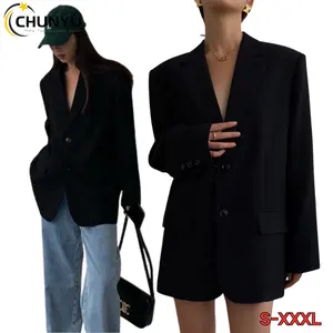 Women'S V-Neck Suit Jacket Spring Casual Slim Fit Black Fashionable Retro Style Oversized Outwear Blazer