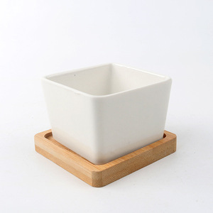 Pots de fleurs carrés en céramique blanche émaillée pour plantes succulentes, 6,7x6,7x4,5 cm, avec trou de drainage et plateau en <span class=keywords><strong>bambou</strong></span>, pour la maison, le bureau ou le sol, livraison directe - Product Image 3