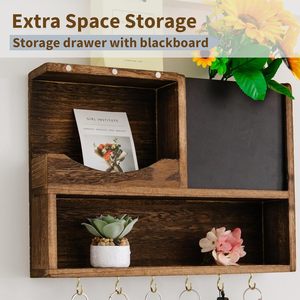 Wooden <b>Wall</b>-Mounted Storage <b>Rack</b> With Blackboard <b>Key</b> Holder Entryway Organizer Rectangle Multipurpose - Product Image 2