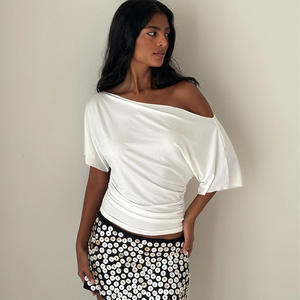 Penjualan laris keluaran baru musim panas kaus Wanita Atasan kecil pas badan Satu bahu berlipat perempuan seksi - Product Image 2