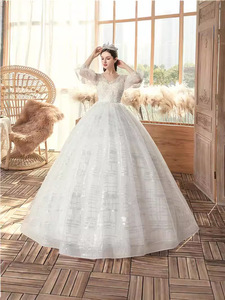 Gaun pengantin terlihat sederhana LY-WD0122, gaun pesta dansa leher V lengan setengah renda panjang lantai ukuran <span class=keywords><strong>Plus</strong></span> - Product Image 3