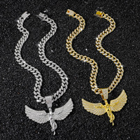 Collier pendentif chaîne cubaine en alliage plaqué or, style Hip Hop Europe et Amérique, avec grandes ailes d'ange incrustées de strass, largeur 13 mm