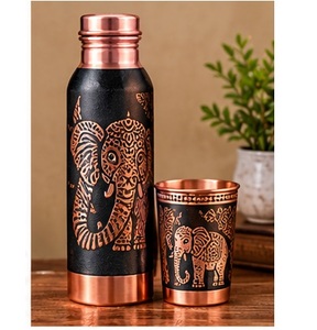 Handcrafted Copper <b>Water</b> <b>Bottle</b> with Cup Set Floral Engraved <b>Metal</b> Drinkware Bohemian Style - Product Image 3