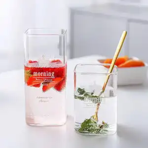 批发透明方形玻璃杯250毫升500毫升1500毫升方形底玻璃杯饮料
