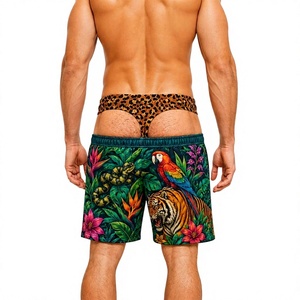 Traje de Baño de 2 Piezas para Hombre, Estampado Tropical, Pantalones Cortos de Playa, Cintura Media Elástica con Forro de Compresión - Product Image 4