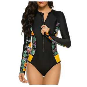 STOCK Floral Print <b>Long</b> <b>Sleeve</b> Women Rash Guard Bandeau Neckline Anti-UV Protection Plus Size One Piece Swimwear L-4XL 2pcs - Product Image 1
