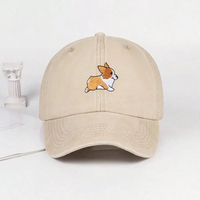 Casquette de baseball ajustable en coton lavé non structuré à 6 panneaux avec visière incurvée et broderie chien Corgi, vente en gros