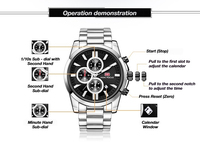 Montre-bracelet à quartz pour hommes, boîtier argenté, cadran bleu, chronographe, bracelet en acier inoxydable, montre de sport décontractée