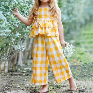 Vêtements d'été décontractés pour enfants personnalisés, ensemble haut et pantalon à carreaux, deux pièces, coton tissé respirant, ensembles de vêtements pour filles - Product Image 3
