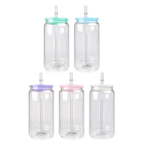 Mug en verre transparent vierge de 16 oz pour sublimation avec couvercle en PP et paille, idéal pour impression par transfert thermique pour café glacé et soda - Product Image 1
