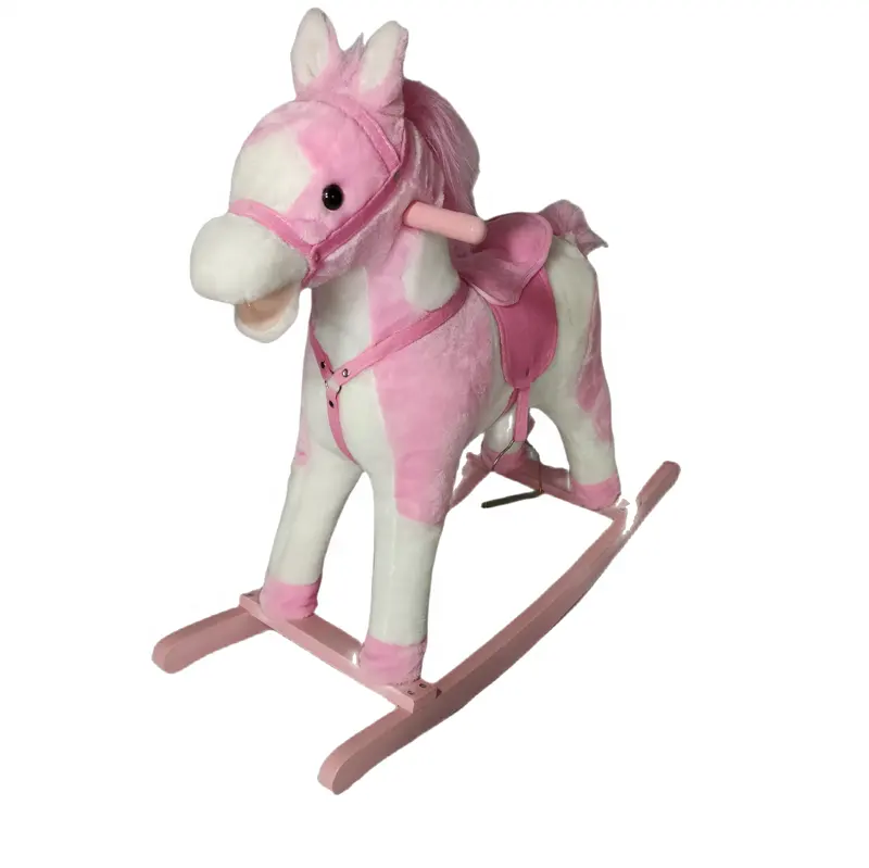Venta al por mayor rosa y blanco niño balancín caballo de Troya de madera caballo balancín ciervo de peluche caballo balancín