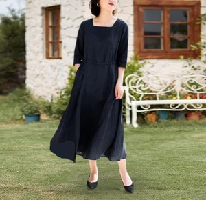 Vestido de Lino y Algodón Personalizado para Mujer, Cuello Redondo, Manga Corta, Corte Ajustado, Ropa Casual, Proveedor - Product Image 2