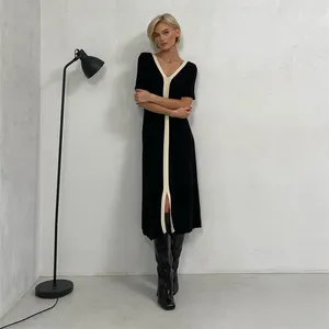 Women Summer 2023 Korean Fashion Style Knitted Slim Maxi Dresses Black White Casual Elegant Vintage Short Sleeve Long Dress