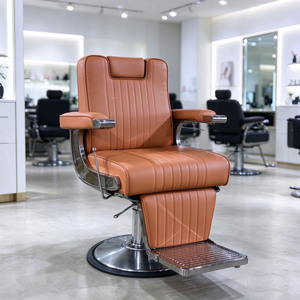 Brown <b>Leather</b> Barber <b>Chair</b> Hydraulic Salon Styling <b>Chair</b> <b>Reclining</b> Beauty <b>Chair</b> with Footrest for Barbershop - Product Image 5