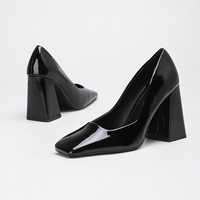 Escarpins noirs bordeaux en cuir verni à bout carré et talon bloc haut pour femme, talon épais et imposant, chaussures habillées pour le bureau et les soirées