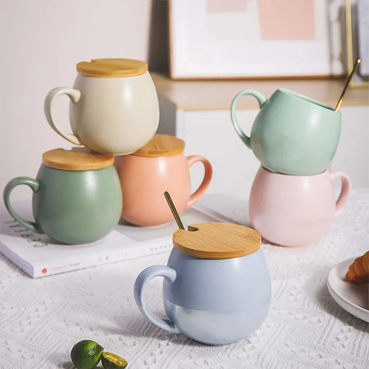 Creative matte ceramic breakfast milk cups belly mugs candy colored bone China cups couples coffee cups with bamboo lid