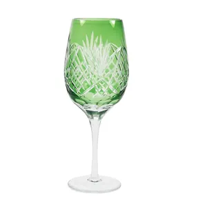 wine glass/colourful green, blue stem hand blown wine glass with decal