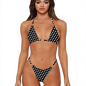 Women Black White Dot <b>Bikini</b> Set Halter Two Piece Swimwear With Gold Rings Thong Bottom Stretch Spandex - Product Image 1