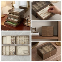 Boîte de rangement à bijoux grande capacité avec couvercle transparent anti-poussière, tiroirs en bois grainé et compartiments de rangement pour bagues et colliers