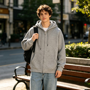Sweat-shirt à capuche gris avec fermeture éclair, 100% coton, décontracté, couleur unie, coupe ample, respirant, 320g, tricoté, pour homme - Product Image 1