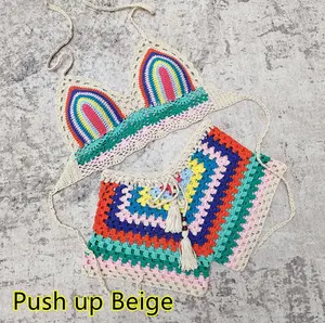 Conjunto de biquíni estilo push up 4 cores, biquíni de crochê, duas peças, roupa de banho, praia, curta