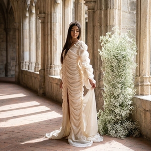 Nt150 Elegant Champagne <b>Wedding</b> Gown Draped <b>Pleated</b> Slim Fit Satin Bridal <b>Dress</b> Ruffle Sleeve Front Slit Court Train Jancember - Product Image 1