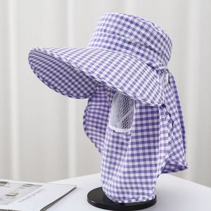 Chapeau de cueilleur de thé à large bord respirant, protection solaire, cache-visage et cache-cou, idéal pour l'extérieur printemps-été, motif à carreaux - Product Image 4