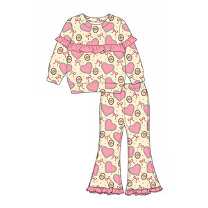 Robe douce à manches longues en coton biologique rose pour bébés filles, avec nœuds en forme de cœur personnalisés, pour la Saint-Valentin, vente en gros, vêtements de fête pour sœurs - Product Image 3