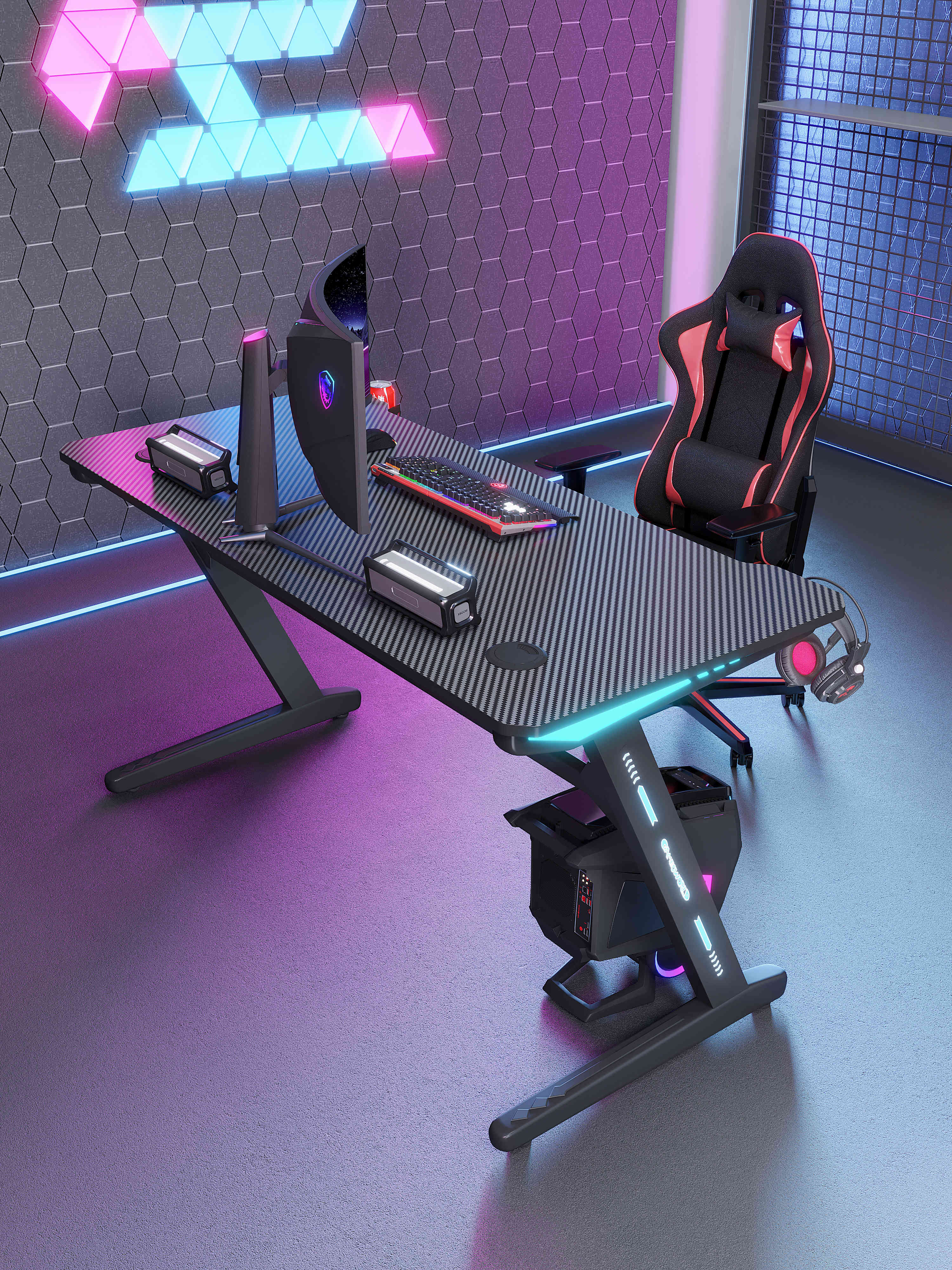 Z Shaped Gaming Desk - Cool Computer Table with RGB Light