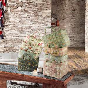Panier de rangement pliable en polyester pour la maison, style rustique, avec longue poignée, motif floral, portable, pour trier les articles divers, 33x28x27cm - Product Image 3