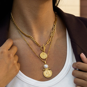 18K Gold Stainless Steel Face Coin Pendant with OT Clasp <b>Necklace</b> for Gift - Product Image 2