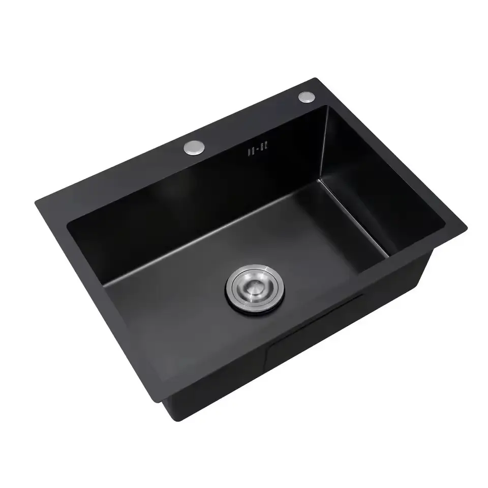 High Quality 304/201 Stainless Steel Kitchen Sink Handmade Single Bowl Square Black Nano Manual Thickening Basins