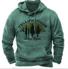 Felpa con Cappuccio Stile Cowboy Retrò Personalizzata 2025 per Uomo, Motivo Pietra Gialla, Stampa Effetto Lavato, Vestibilità Casual Ampia, Tessitura all'Uncinetto, Stagione Autunnale - Product Image 2