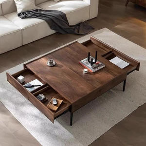 <b>Walnut</b> Wood Coffee <b>Table</b> With Storage Modern Minimalist Living Room Furniture Square Design For Home Use - Product Image 3