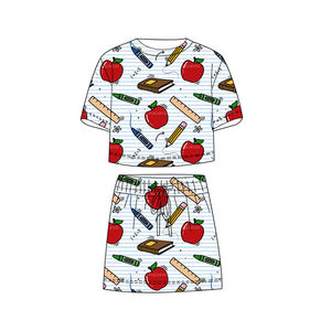 Conjunto de Verano 2026 al por Mayor para Niñas: Top de Manga Corta con Estampado de Lazo Azul y Pantalones Cortos, de Poliéster Suave y Elástico - Product Image 4