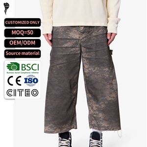 Custom <b>Mens</b> Camo <b>Cropped</b> Pants with Wide Leg Silhouette and Raw Hem Casual Streetwear <b>Trousers</b> for Urban and Minimalist Style - Product Image 1