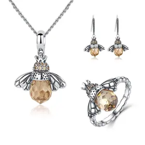 925 Sterling Silver Bee Jewelry Set Oxidized Zircon Necklace Earring Ring Jewellery Set