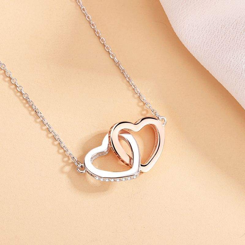 Double Heart Interlocking S925 Sterling Silver Necklace with Love