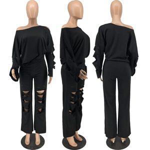Sharee, livraison directe, boutique de vêtements, ensemble ample deux pièces asymétrique, ensemble 2 pièces déchiré pour femmes, vêtements pour femmes