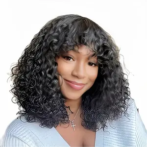 Natural Black Color Machine Made Brazilian Remy Virgin Human Hair Gluelesss None Lace Front Kinky Curly Short Bob Wig With Bangs