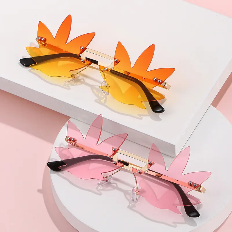 Óculos de sol da moda folha de bordo mais novo 2024 bonito sem aro tons personalizado designer de metal de luxo chama óculos de sol feminino