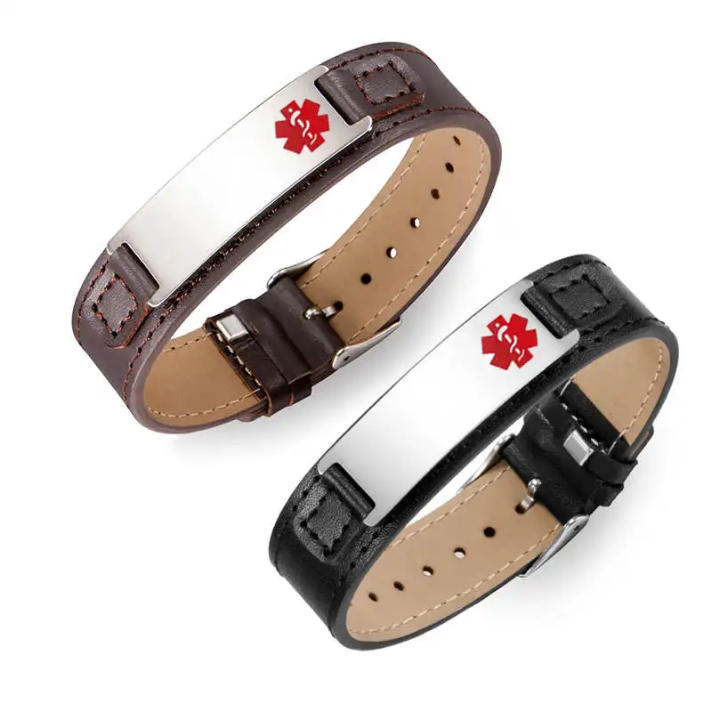 Men Personalized Bracelets Genuine Engraved Logo Steel Metal Plate Leather Bracelet