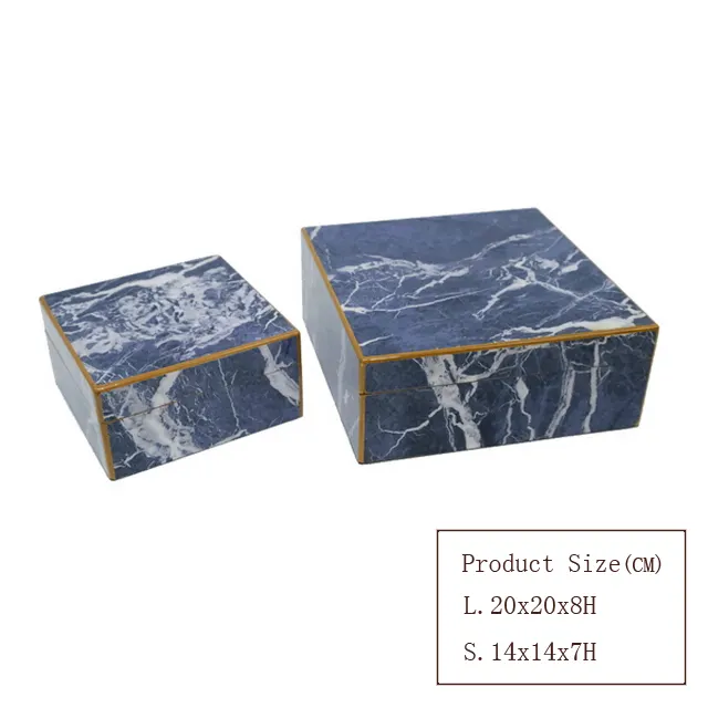 high-end luxury and fashion square colored blue and white marble wood Jewelry wooden box wood gift boxes