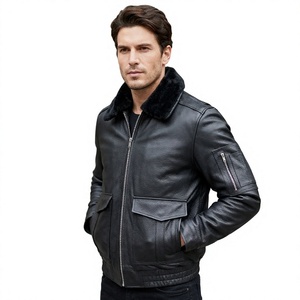 Chaqueta de cuero genuino para hombre, estilo bomber, con cuello de piel negra, chaqueta de piloto aviador, chaqueta de invierno con cremallera, ropa exterior de cuero. - Product Image 2